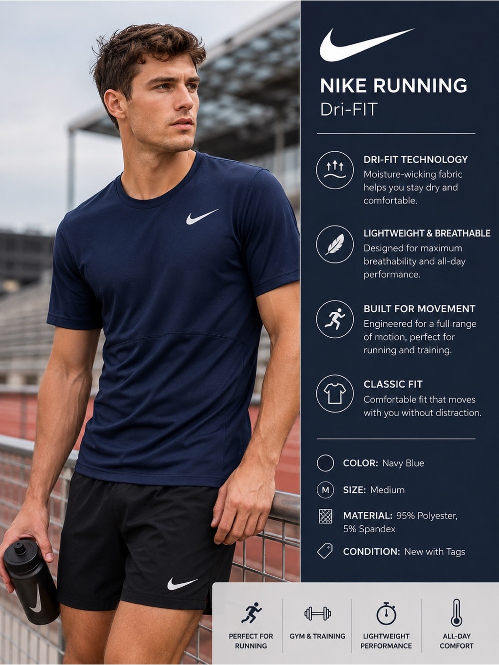 Nike Running Dri-FIT Navy Blue Short Sleeve Performance Shirt Men’s M NWT